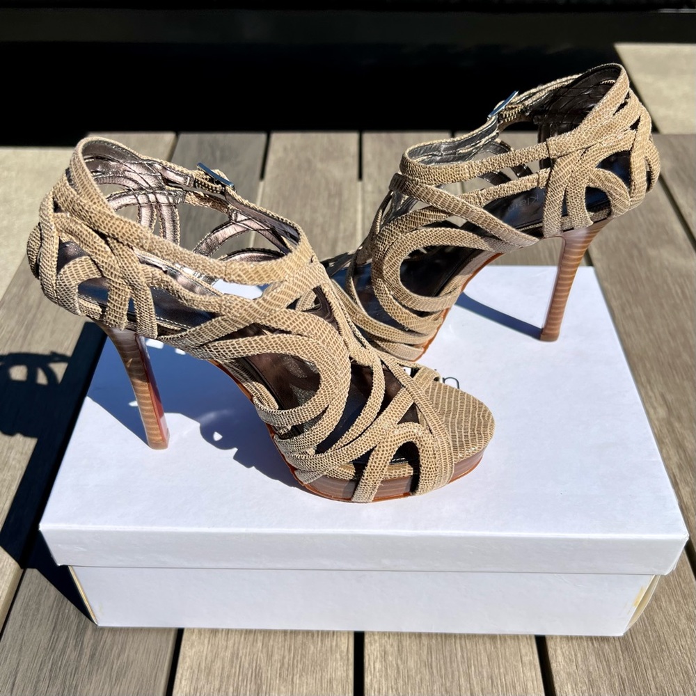 Calvin Klein- animal snake print straps platforms stiletto heels sandals size 5